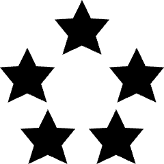 Clean line icon of five five-point stars arranged in a rating pattern. Used for hotel ratings and reviews.