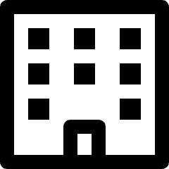 Clean line icon of a building facade with eight windows and a central door. Used for real estate, offices, and property listings.