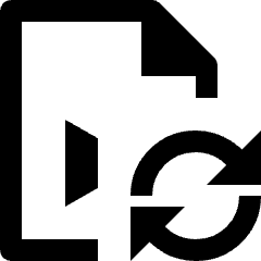 Clean line icon of a video file with a play triangle and refresh arrow. Used for video reloads and file updates.