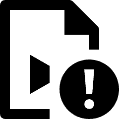 Clean line icon of a video file with a play symbol and warning badge. Used for video errors and file alerts.