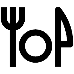 Clean line icon of a fork, plate, and curved utensil. Used for kitchenware, dining, and meal settings.