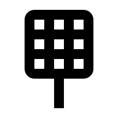 Clean line icon of a rounded grill mesh with nine openings and a handle. Used for grilling, barbecue, and cooking apps.