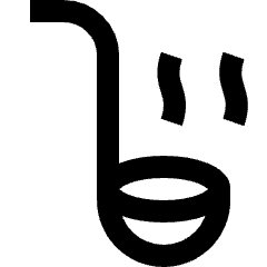 Clean line icon of a soup ladle with two steam marks. Used for cooking, soup, kitchenware, and recipes.