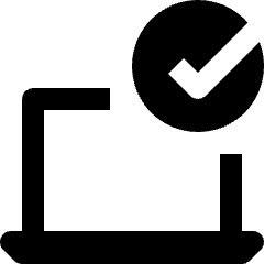 Clean line icon of a laptop with a checkmark in a circle. Used for device approval, verified computers, and secure access.