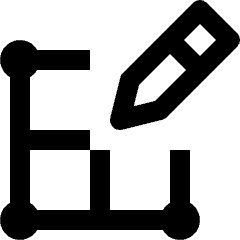 Clean line icon of a rectangular grid with circular joints and a pencil above. Used for editing grids, layouts.