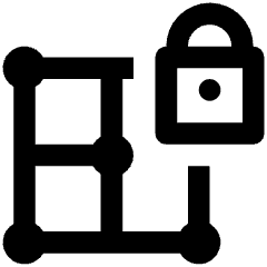 Clean line icon of a square grid with circular nodes and a padlock. Used for grid locking, layout tools, and design editors.