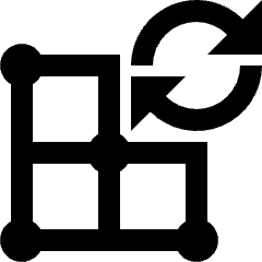Clean line icon of a four-cell grid with a circular refresh arrow. Used for grid updates, reloads, and data layouts.