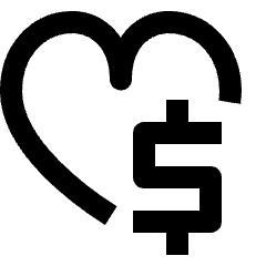 Clean line icon of an outlined heart with a dollar sign. Used for favorites, donations, finance, and fundraising.