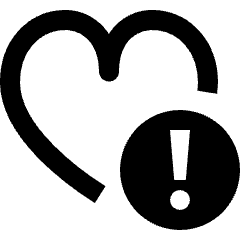 Clean line icon of a heart with an exclamation mark in a circle. Used for favorite warnings and flagged items.