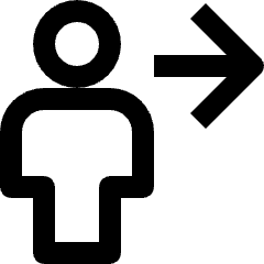 Clean line icon of a user silhouette with a right-pointing arrow. Used for sign-out controls, account menus, and logout actions.