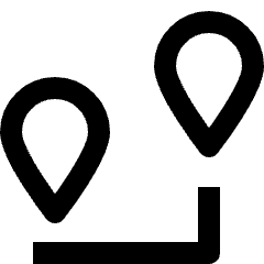 Clean line icon of two map pins above an L-shaped route. Used for distance mapping, route planning, and location tools.