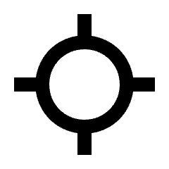 Clean line icon of a circular target with four cardinal bars. Used for GPS, maps, location and navigation.