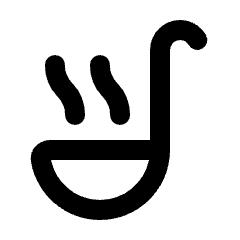 Rounded line icon of a steaming bowl with a long-handled spoon. Used for soup kitchens, food service, meals, and charity.