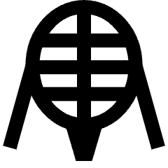 Clean line icon of a domed fencing helmet with a barred face grille and side supports. Used for fencing, kendo, and martial arts.