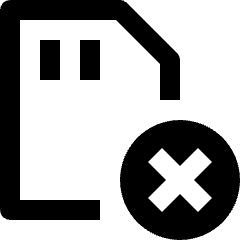 Clean line icon of an SD card with a circular X badge. Used for rejected, removed, or unavailable storage.
