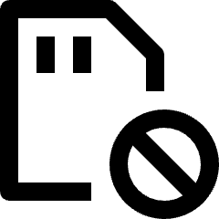 Clean line icon of an SD card with a prohibition symbol. Used for blocked storage and declined memory cards.