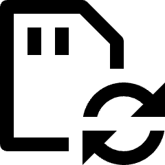 Clean line icon of an SD card with two contacts and a circular refresh arrow. Used for memory card updates and data refresh.