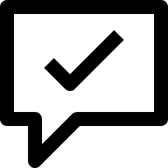 Clean line icon of a speech bubble with a check mark. Used for verified messages and chat confirmation.