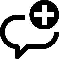 Clean line icon of a rounded chat bubble with a plus sign in a circle. Used for adding chats and messages.