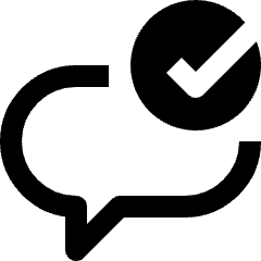 Clean line icon of a rounded chat bubble with a checked circle. Used for verified messages, chat approval, and confirmation.