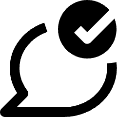 Clean line icon of a round chat bubble with a check mark badge. Used for verified messages and chat status.
