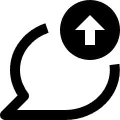Clean line icon of a rounded chat bubble with an upload arrow in a circle. Used for message uploads and file sharing.