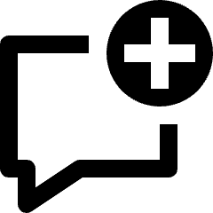 Clean line icon of a chat bubble with a plus sign in a circle. Used for adding conversations and messages.