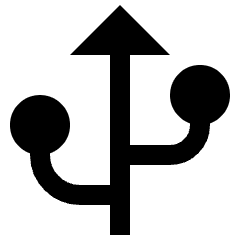 Clean line icon of a vertical arrow with two curved branches ending in circles. Used for USB links and data transfer.