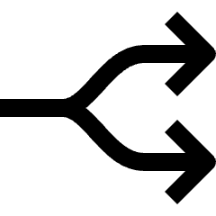 Clean line icon of a path splitting into two right-pointing arrows. Used for branching flows, navigation, and redirects.