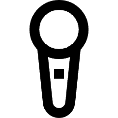 Clean line icon of a microphone with a round grille, tapered body, and square button. Used for audio and recording controls.