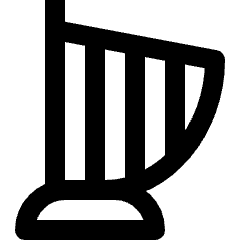 Clean line icon of a harp with vertical strings and curved frame. Used for music, instruments, and audio apps.
