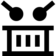 Clean line icon of a snare drum with three inner bars and two angled sticks. Used for music, drums, and percussion controls.