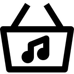 Clean line icon of a shopping basket with two handles and a musical note. Used for music stores and audio shopping.
