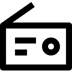 Clean line icon of a radio with an angled antenna, two bars, and a circular dial. Used for audio and broadcast controls.