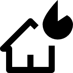 Clean line icon of a house with a large flame above its roof. Used for fire damage, disaster alerts, and emergency services.