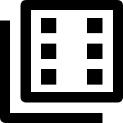 Clean line icon of a film frame with six squares. Used for video filters, galleries, and carousel controls.