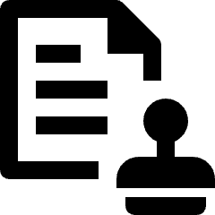 Clean line icon of a document with text lines and a rubber stamp. Used for document approval and signatures.