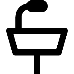 Clean line icon of a podium with a curved microphone. Used for announcements, speeches, and presentations.