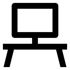 Clean line icon of a monitor on an office table. Used for office workspaces, desks, and computer setups.