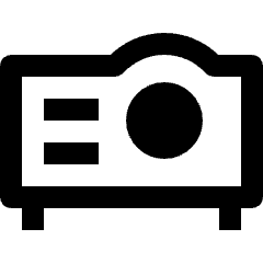 Clean line icon of a projector with lens, handle, vents, and feet. Used for presentations and media controls.
