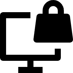 Clean line icon of a computer monitor with a shopping bag overlay. Used for ecommerce, online shopping, and desktop checkout.