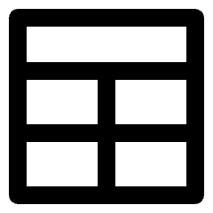 Minimal line icon of a rounded layout frame with a wide top bar and four lower panels. Used for page layouts and dashboards.