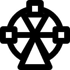 Clean line icon of a Ferris wheel with spokes and three cars. Used for parks, fairs, rides, and entertainment.