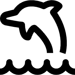Clean line icon of a dolphin leaping over waves. Used for marine life, aquariums, ocean themes, and water activities.