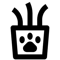 Clean line icon of a cat face in a planter with three grass blades. Used for pet care, cats, gardens, and plant apps.