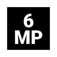 Sharp solid icon of a white 6 above bold MP letters in a black square. Used for camera specs and image resolution.