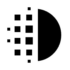Sharp solid icon of a half-circle with scattered pixel squares dissolving left. Used for deblurring, AI enhancement.
