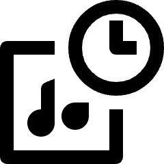 Clean line icon of a playlist with musical notes and a clock. Used for timed playlists and music scheduling.
