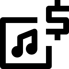 Clean line icon of a music note in a square beside a dollar sign. Used for paid playlists, music funds, and audio finance.
