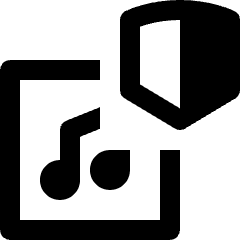 Clean line icon of a music note in a square with a shield overlay. Used for secure playlists and protected music.